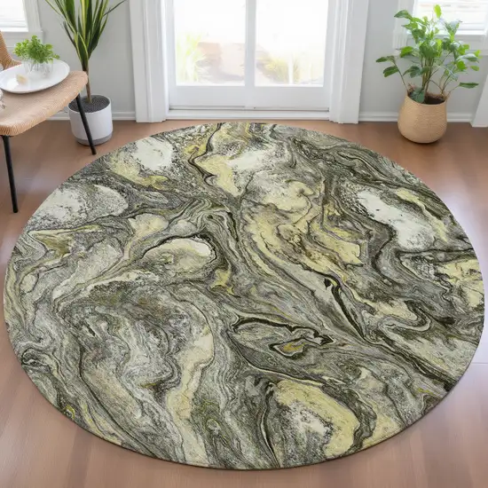 8' Pewter And Gold Round Abstract Washable Indoor Outdoor Area Rug Photo 6