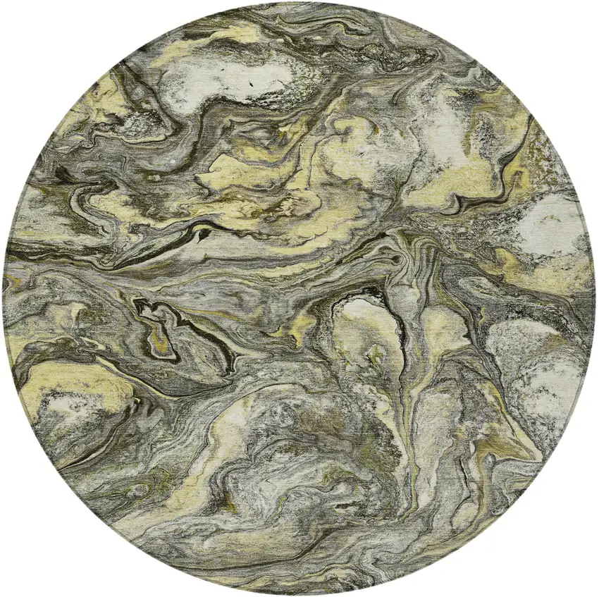 8' Pewter And Gold Round Abstract Washable Indoor Outdoor Area Rug Photo 3