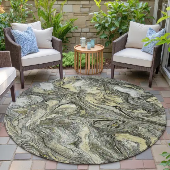 8' Pewter And Gold Round Abstract Washable Indoor Outdoor Area Rug Photo 5