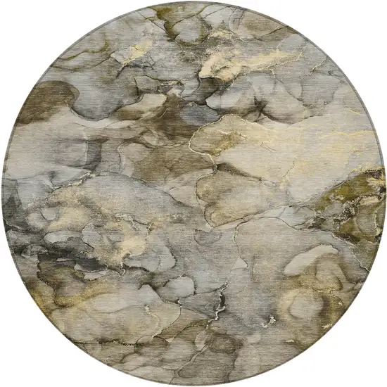 8' Pewter And Gold Round Abstract Washable Indoor Outdoor Area Rug Photo 1