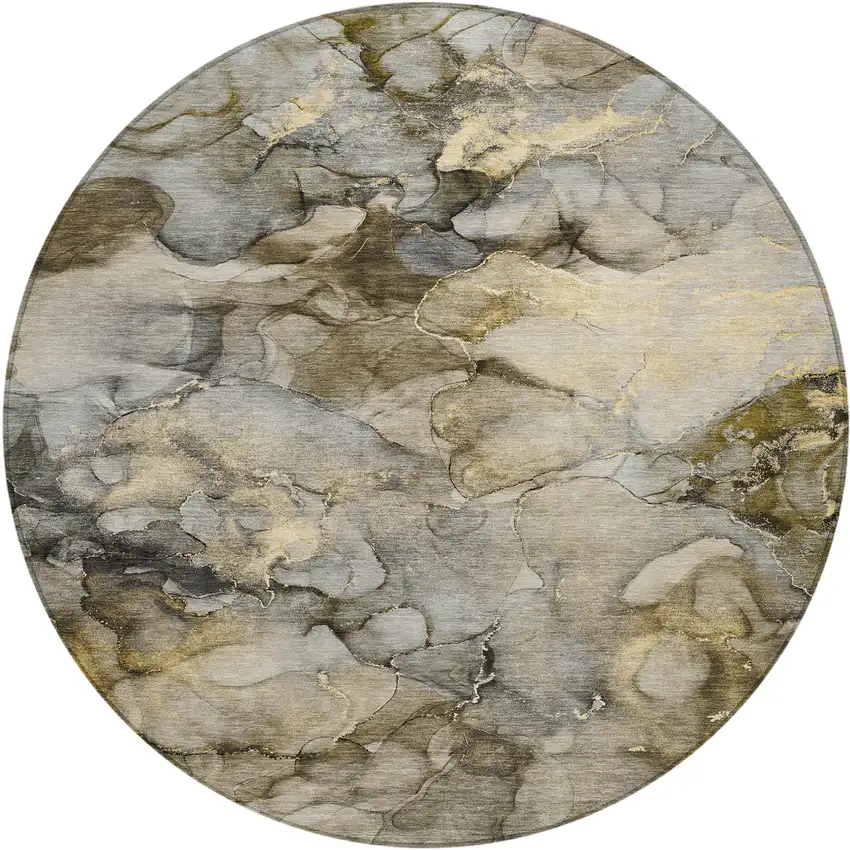 8' Pewter And Gold Round Abstract Washable Indoor Outdoor Area Rug Photo 1