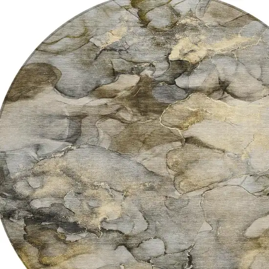 8' Pewter And Gold Round Abstract Washable Indoor Outdoor Area Rug Photo 4