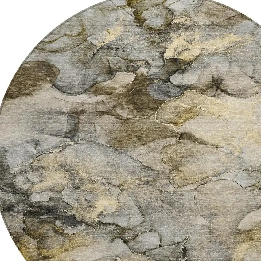 8' Pewter And Gold Round Abstract Washable Indoor Outdoor Area Rug Photo 4