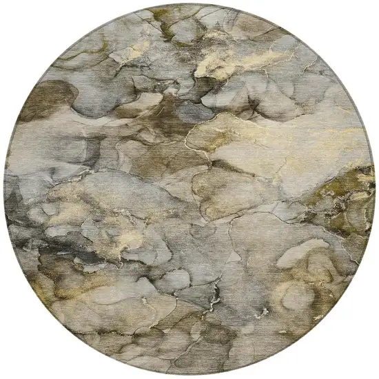 8' Pewter And Gold Round Abstract Washable Indoor Outdoor Area Rug Photo 3