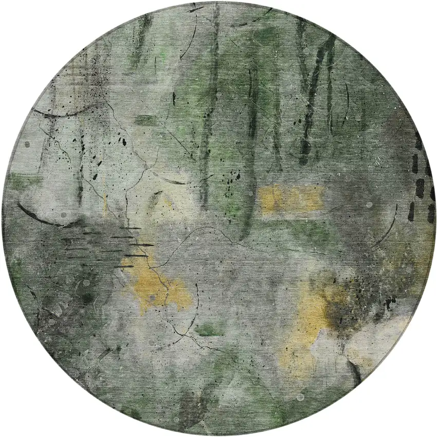 8' Pewter And Gold Round Abstract Washable Indoor Outdoor Area Rug Photo 1