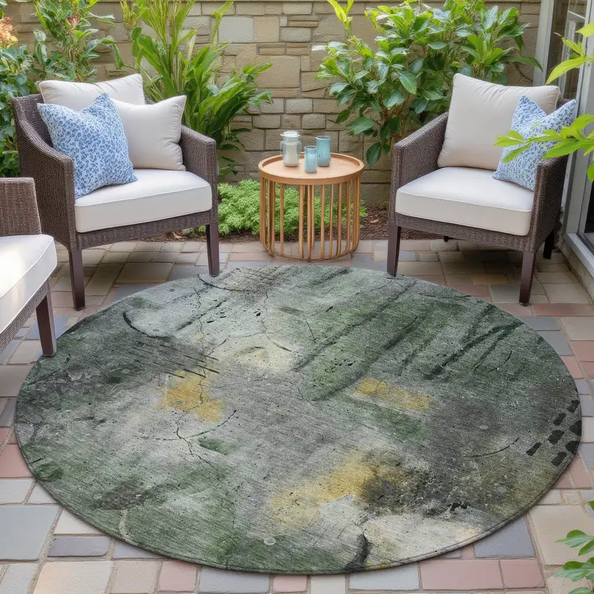 8' Pewter And Gold Round Abstract Washable Indoor Outdoor Area Rug Photo 5