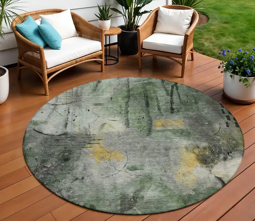 8' Pewter And Gold Round Abstract Washable Indoor Outdoor Area Rug Photo 2