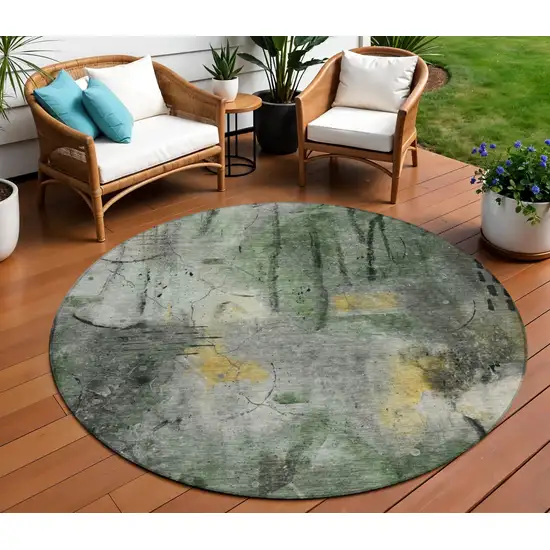 8' Pewter And Gold Round Abstract Washable Indoor Outdoor Area Rug Photo 2