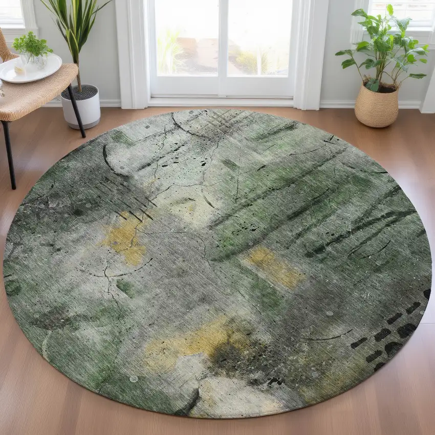 8' Pewter And Gold Round Abstract Washable Indoor Outdoor Area Rug Photo 6