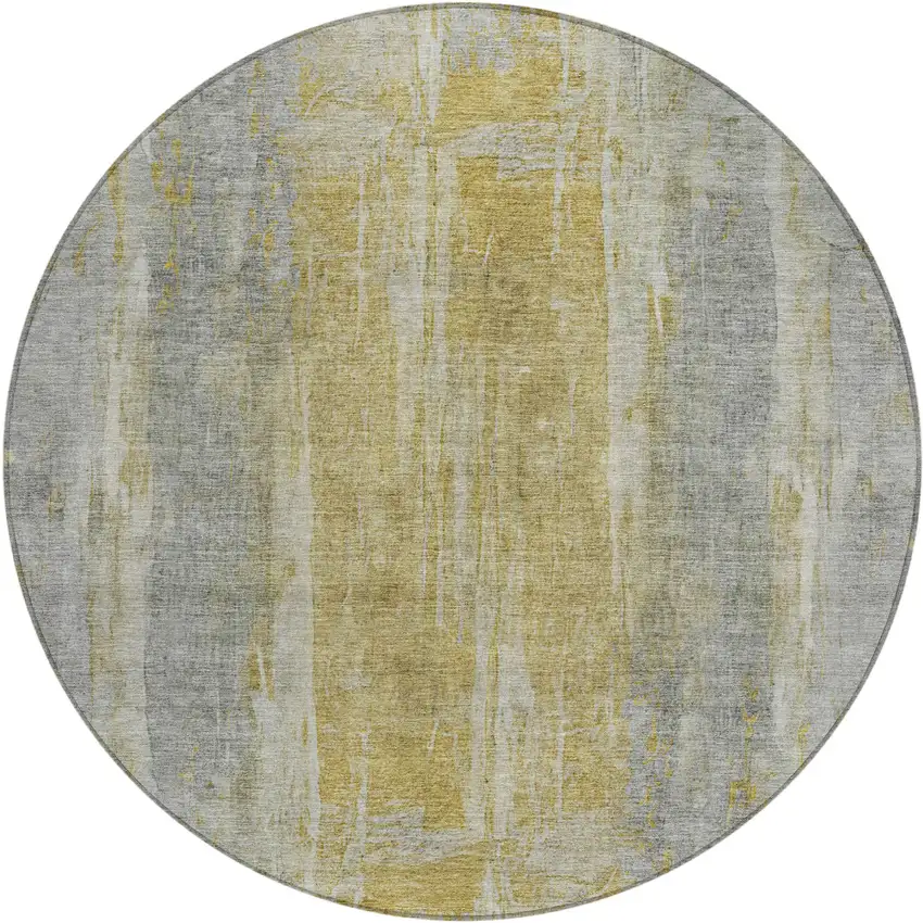 8' Pewter And Gold Round Abstract Washable Indoor Outdoor Area Rug Photo 2