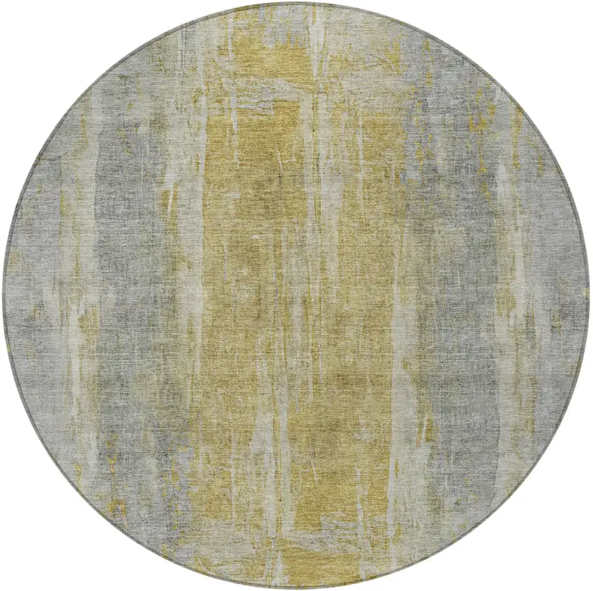 8' Pewter And Gold Round Abstract Washable Indoor Outdoor Area Rug Photo 4