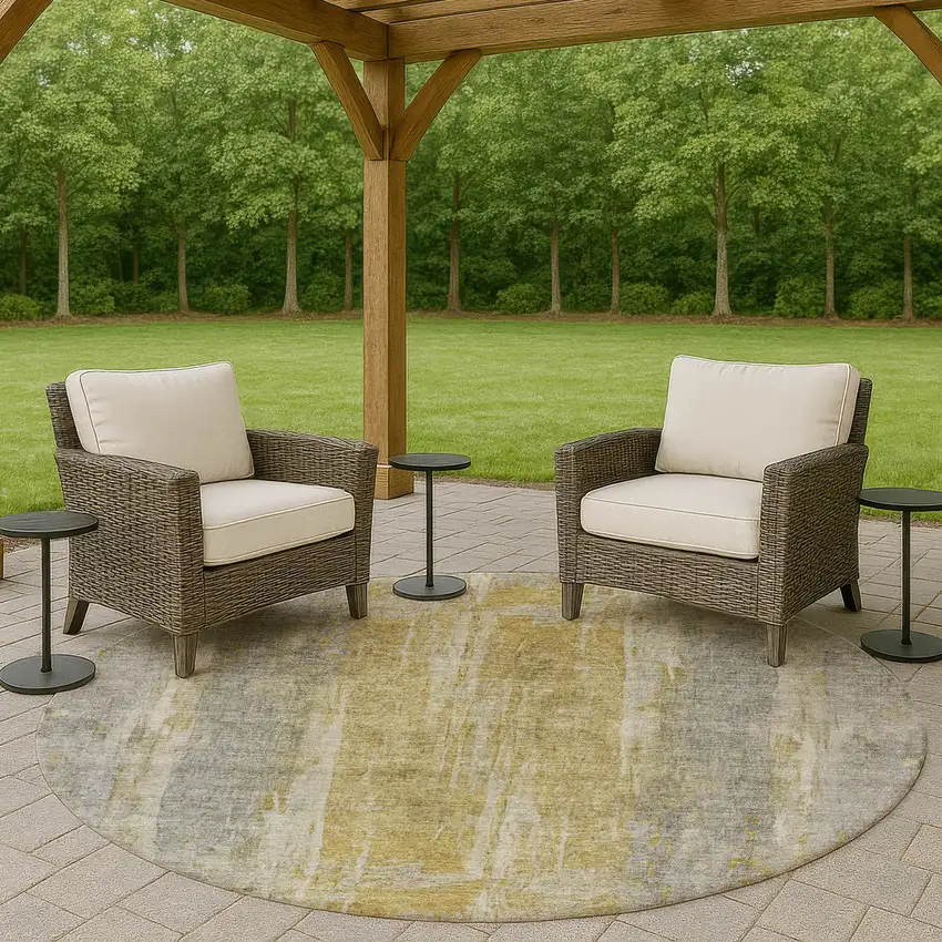 8' Pewter And Gold Round Abstract Washable Indoor Outdoor Area Rug Photo 7