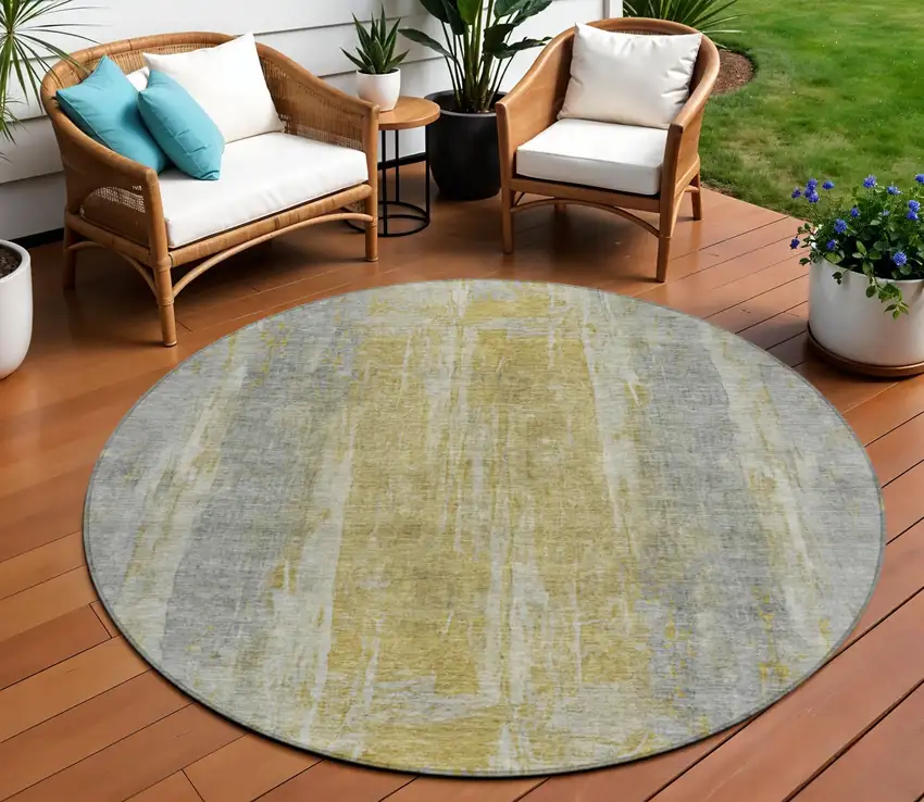 8' Pewter And Gold Round Abstract Washable Indoor Outdoor Area Rug Photo 1