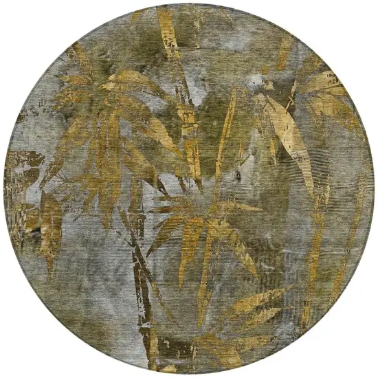 8' Pewter And Gold Round Botanical Leaves Washable Indoor Outdoor Area Rug Photo 4