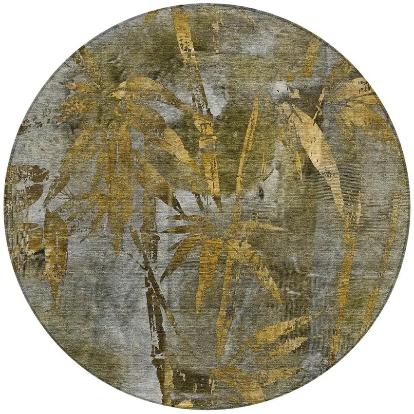 8' Pewter And Gold Round Botanical Leaves Washable Indoor Outdoor Area Rug Photo 4