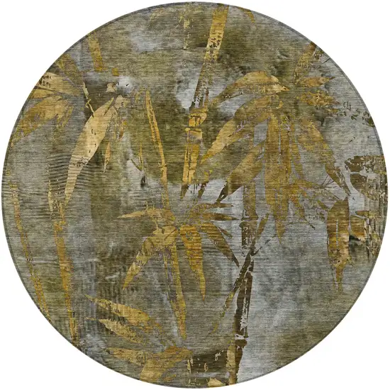 8' Pewter And Gold Round Botanical Leaves Washable Indoor Outdoor Area Rug Photo 5