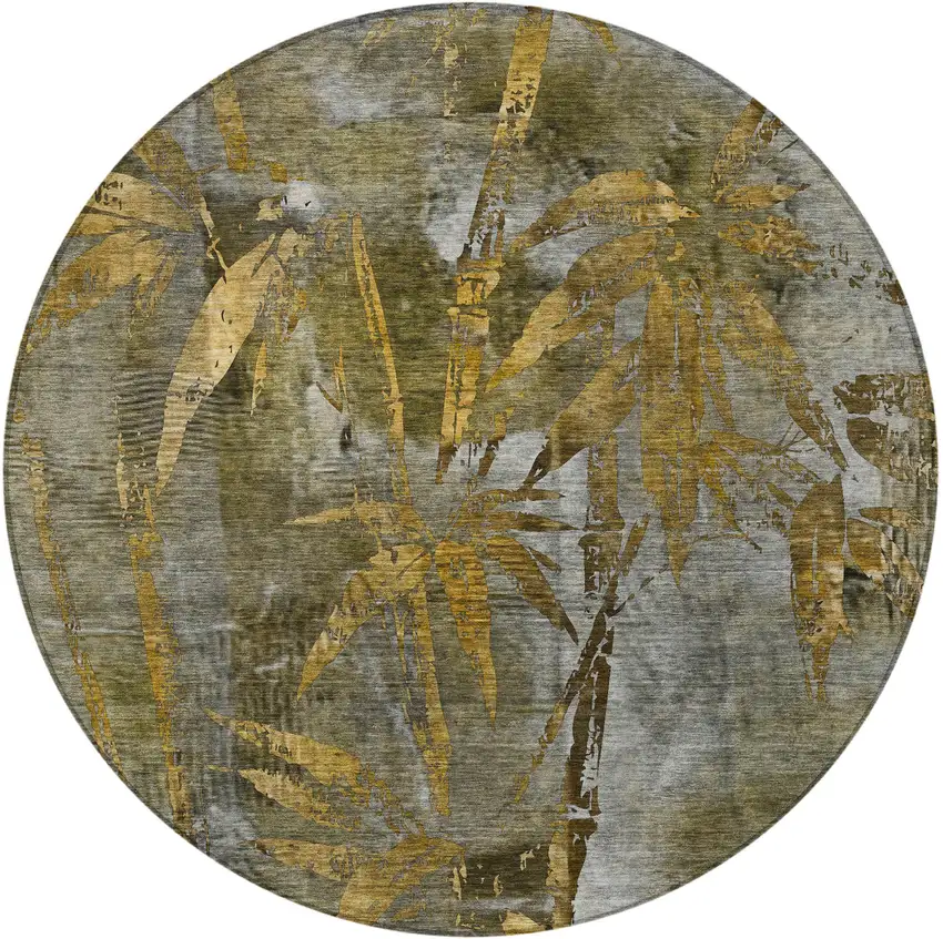 8' Pewter And Gold Round Botanical Leaves Washable Indoor Outdoor Area Rug Photo 5