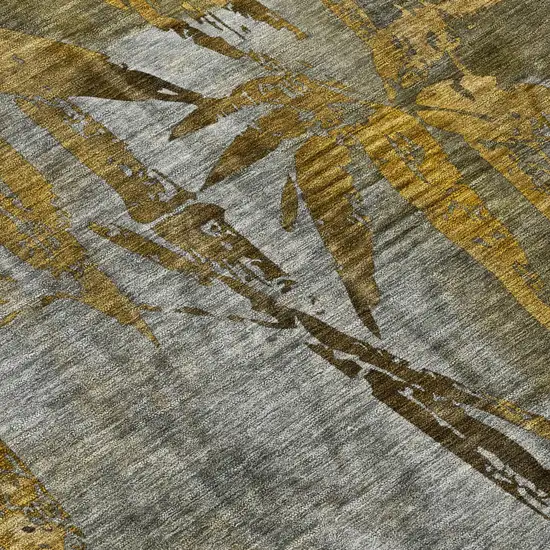 8' Pewter And Gold Round Botanical Leaves Washable Indoor Outdoor Area Rug Photo 8