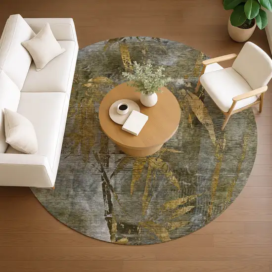 8' Pewter And Gold Round Botanical Leaves Washable Indoor Outdoor Area Rug Photo 9