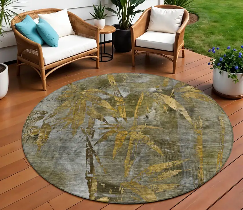 8' Pewter And Gold Round Botanical Leaves Washable Indoor Outdoor Area Rug Photo 1