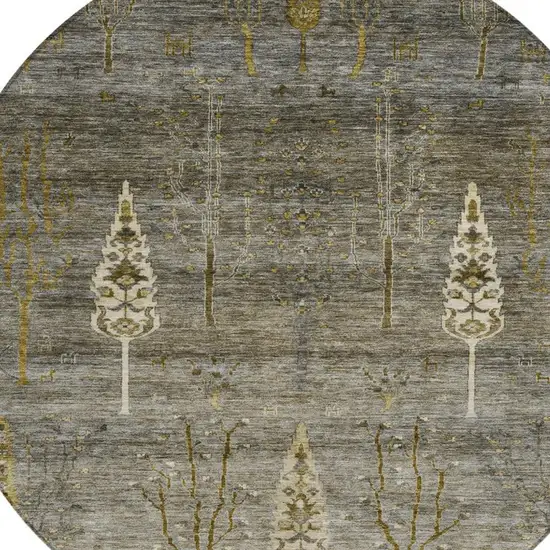 8' Pewter And Gold Round Floral Washable Indoor Outdoor Area Rug Photo 4