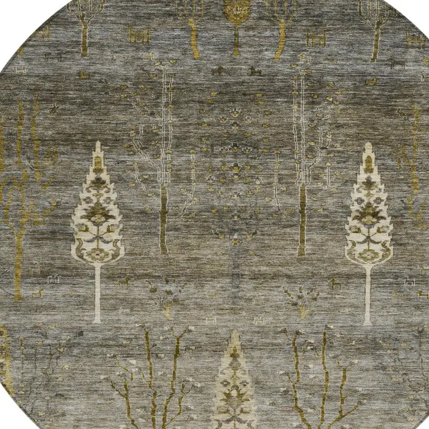 8' Pewter And Gold Round Floral Washable Indoor Outdoor Area Rug Photo 4