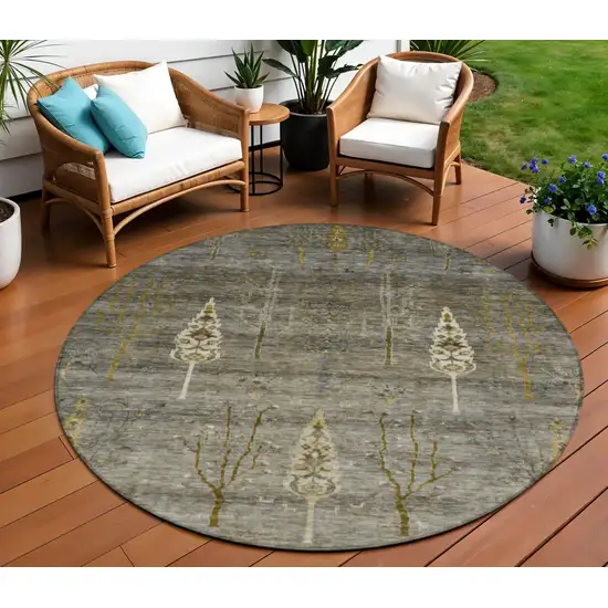 8' Pewter And Gold Round Floral Washable Indoor Outdoor Area Rug Photo 2