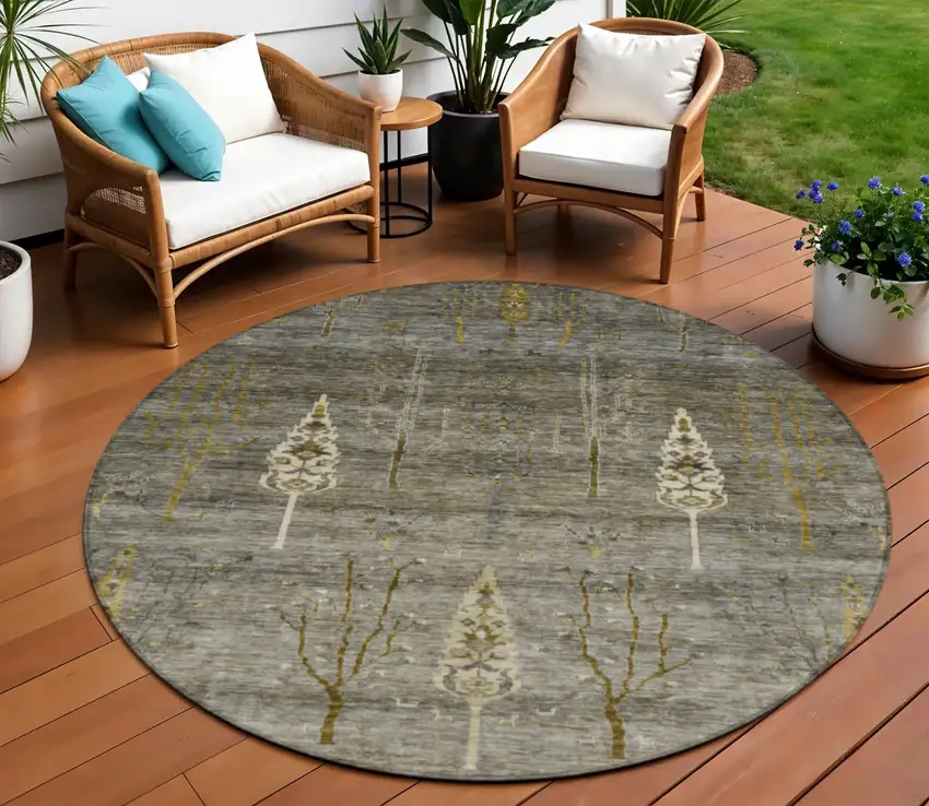 8' Pewter And Gold Round Floral Washable Indoor Outdoor Area Rug Photo 2