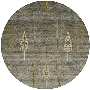 Photo of 8' Pewter And Gold Round Floral Washable Indoor Outdoor Area Rug