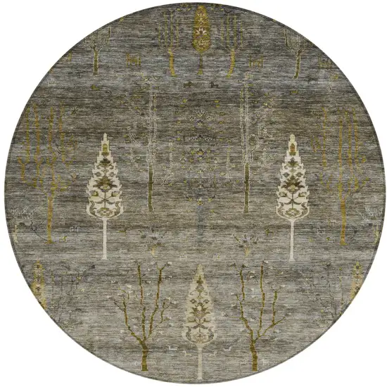 8' Pewter And Gold Round Floral Washable Indoor Outdoor Area Rug Photo 1