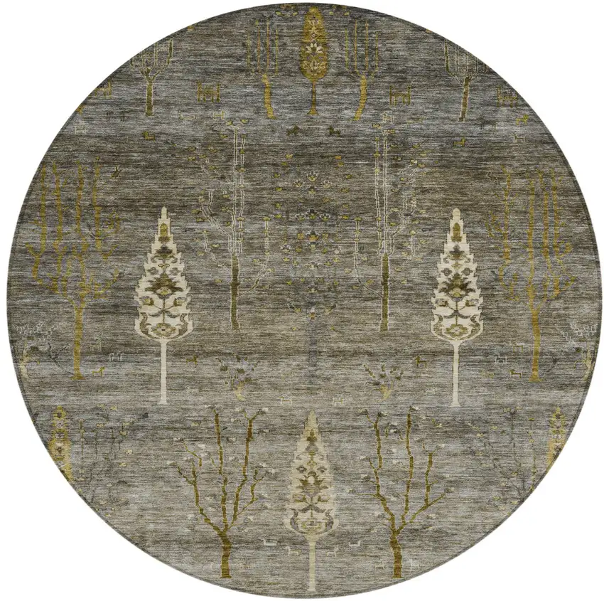 8' Pewter And Gold Round Floral Washable Indoor Outdoor Area Rug Photo 1
