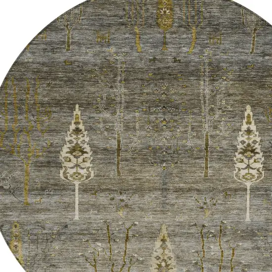 8' Pewter And Gold Round Floral Washable Indoor Outdoor Area Rug Photo 8