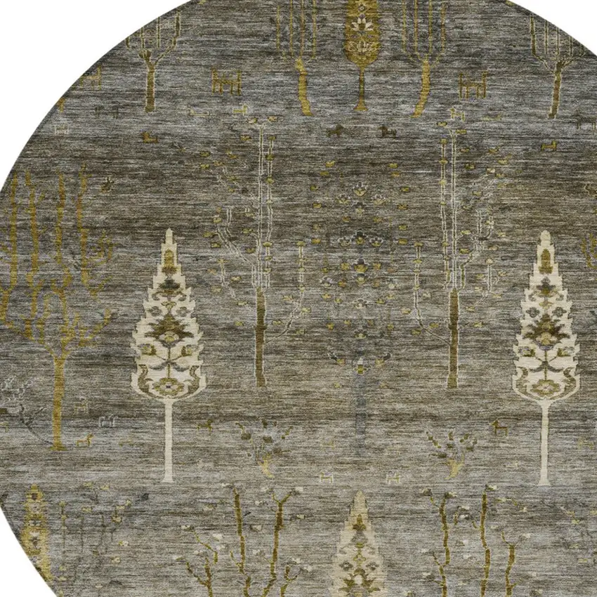 8' Pewter And Gold Round Floral Washable Indoor Outdoor Area Rug Photo 8