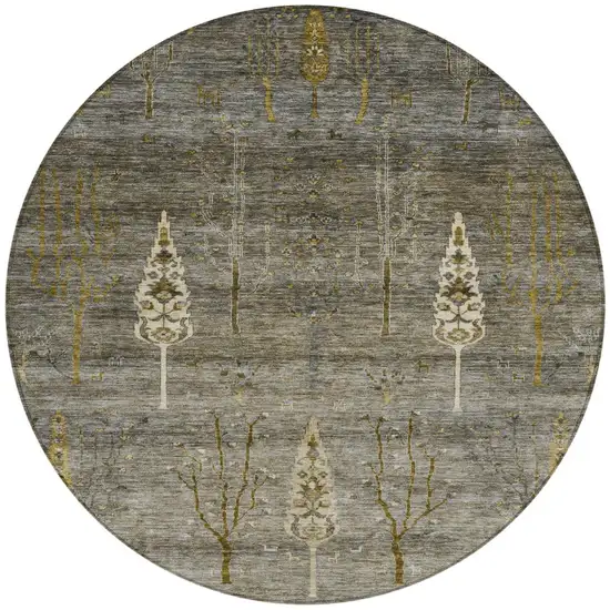 8' Pewter And Gold Round Floral Washable Indoor Outdoor Area Rug Photo 3