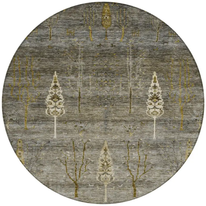 8' Pewter And Gold Round Floral Washable Indoor Outdoor Area Rug Photo 3