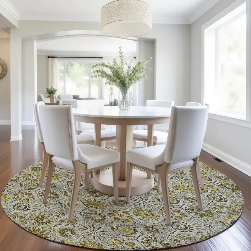 8' Pewter And Gold Round Floral Washable Indoor Outdoor Area Rug Photo 6