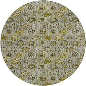 Photo of 8' Pewter And Gold Round Floral Washable Indoor Outdoor Area Rug