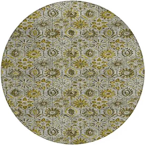 8' Pewter And Gold Round Floral Washable Indoor Outdoor Area Rug Photo 1