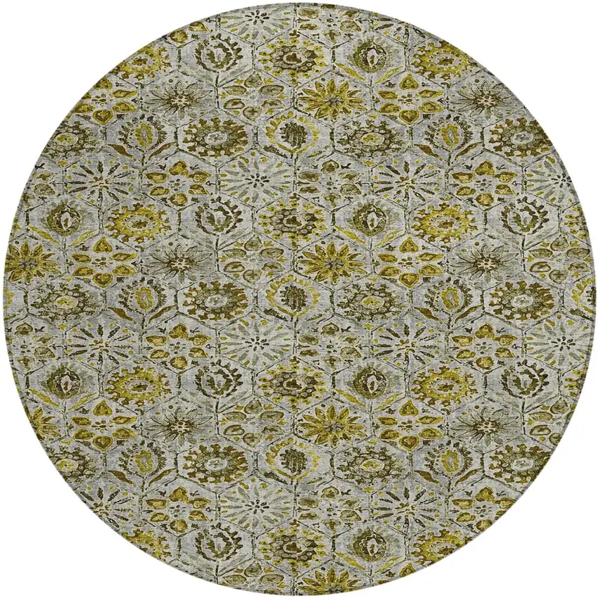 8' Pewter And Gold Round Floral Washable Indoor Outdoor Area Rug Photo 1