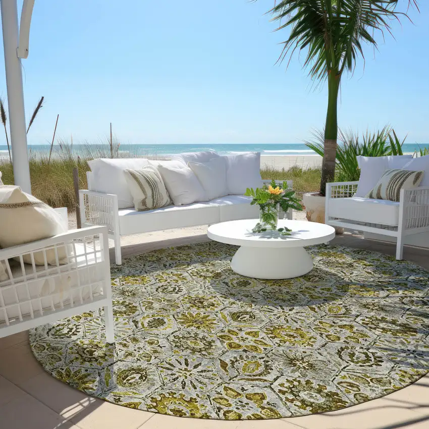 8' Pewter And Gold Round Floral Washable Indoor Outdoor Area Rug Photo 5