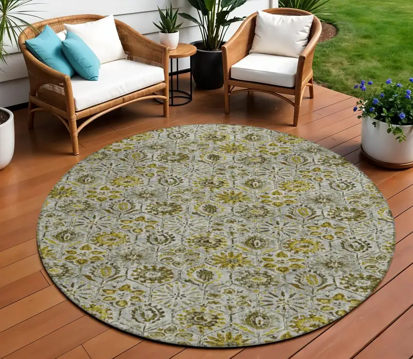 8' Pewter And Gold Round Floral Washable Indoor Outdoor Area Rug Photo 2