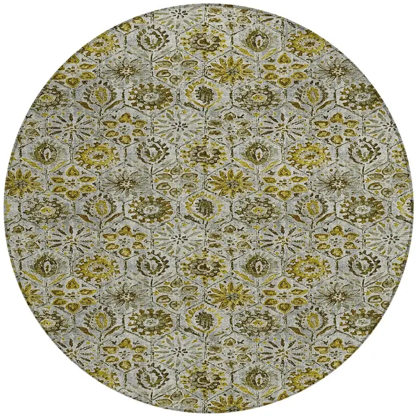 8' Pewter And Gold Round Floral Washable Indoor Outdoor Area Rug Photo 3