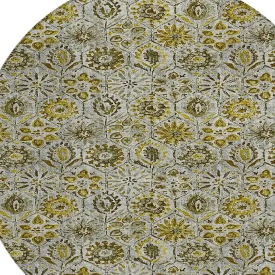 8' Pewter And Gold Round Floral Washable Indoor Outdoor Area Rug Photo 4