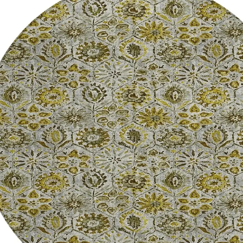 8' Pewter And Gold Round Floral Washable Indoor Outdoor Area Rug Photo 4