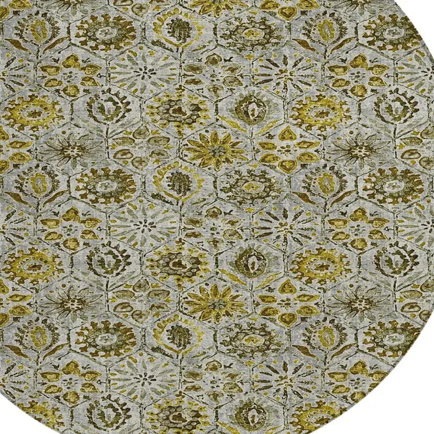 8' Pewter And Gold Round Floral Washable Indoor Outdoor Area Rug Photo 8