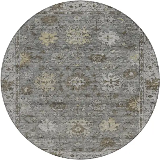 8' Pewter And Gold Round Floral Washable Indoor Outdoor Area Rug Photo 1