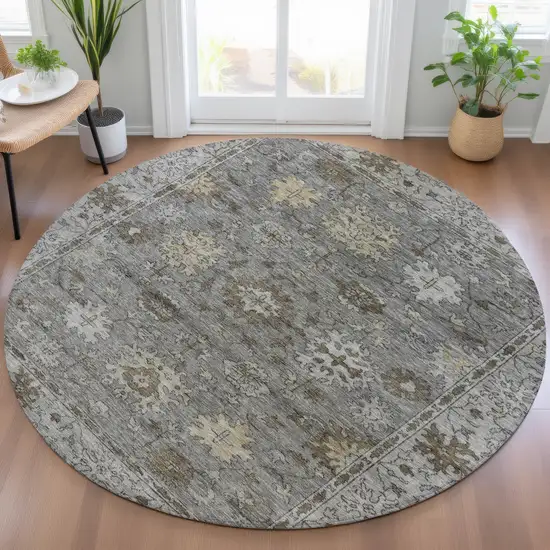 8' Pewter And Gold Round Floral Washable Indoor Outdoor Area Rug Photo 5