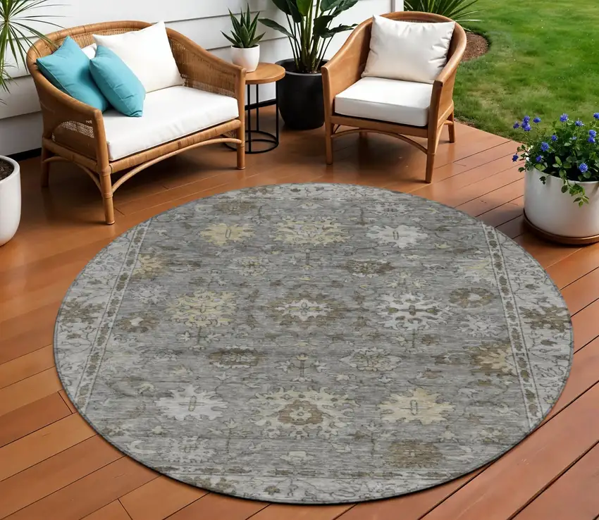 8' Pewter And Gold Round Floral Washable Indoor Outdoor Area Rug Photo 2