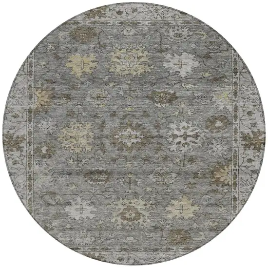 8' Pewter And Gold Round Floral Washable Indoor Outdoor Area Rug Photo 3