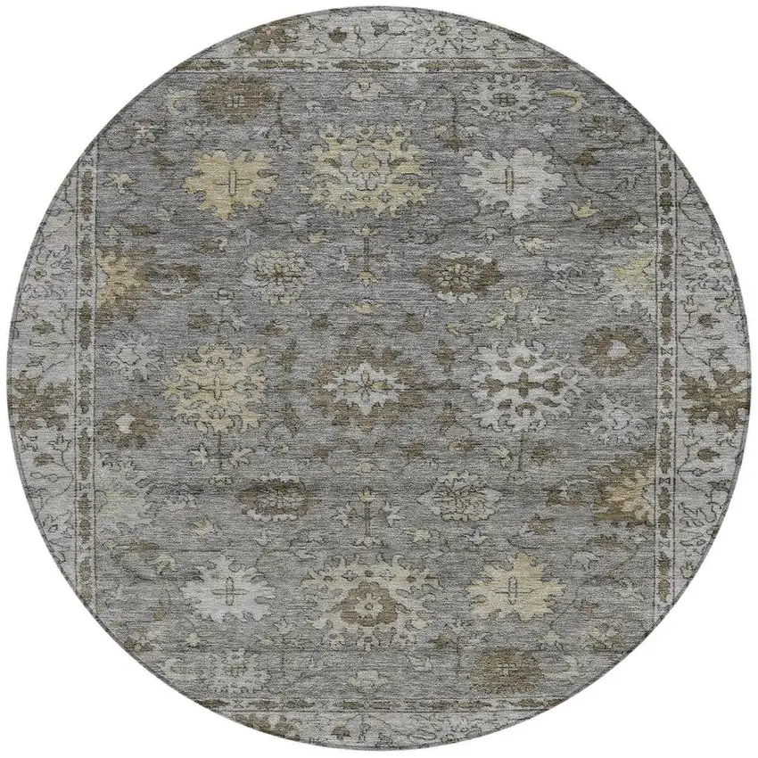 8' Pewter And Gold Round Floral Washable Indoor Outdoor Area Rug Photo 3